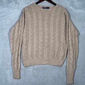 Vintage Ralph Lauren Sweater Womens M Beige 100% Silk Cable Knit Crewneck